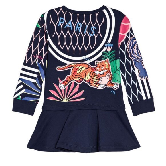 Kenzo Paris Girls Dark Navy Colorful Jungle Tiger Dress Sz 14 - Picture 5 of 14
